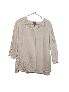Chico's White Embroidered Eyelet Floral 3/4 Sleeves Blouse Boho Top Size 12 L